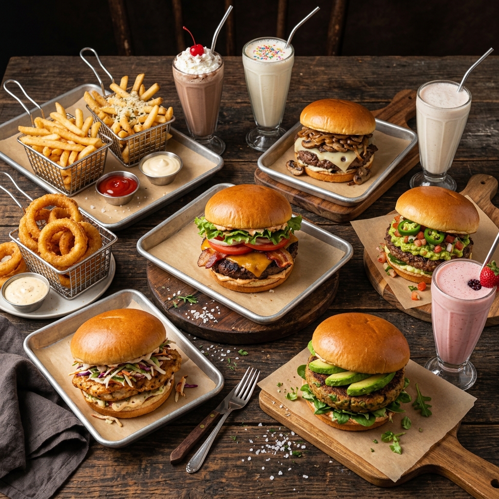 Cardápio completo do Monte Burger com burgers, fritas e milkshakes